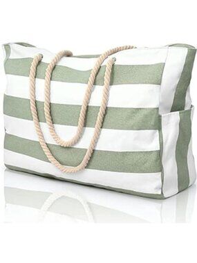Large Capacity Waterproof Striped Canvas Beach Tote Bag With Rope Handle Green